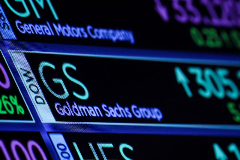&copy; Reuters. FILE PHOTO: A screen displays the trading information for Goldman Sachs on the floor of the New York Stock Exchange (NYSE) in New York City, U.S., October 17, 2022. REUTERS/Brendan McDermid/