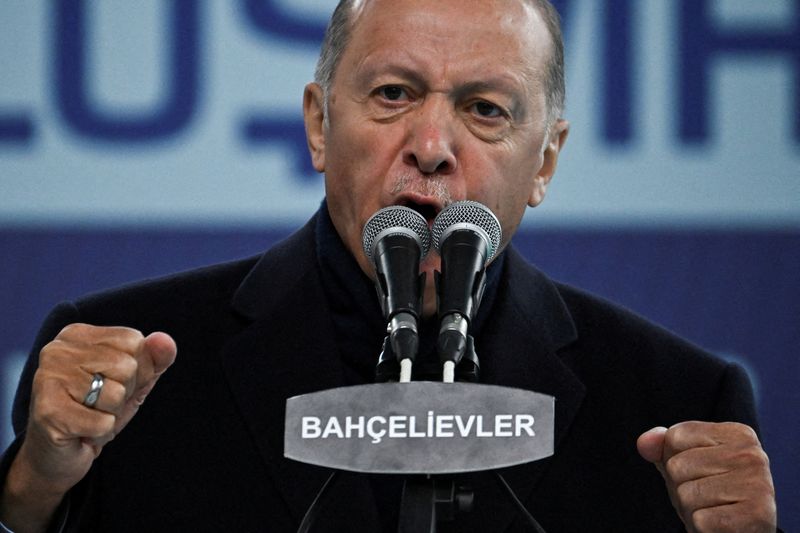 &copy; Reuters. الرئيس التركي رجب طيب أردوغان يلقي خطابا أمام مؤيديه خلال فعالية أقيمت قبيل الانتخابات الرئاسية في إسطنبول يوم الأحد. تصوير: ديلان مارتينيز