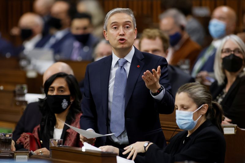 &copy; Reuters. Canada's Minister of Innovation, Science and Industry Francois-Philippe Champagne speaks during Question Period in the House of Commons on Parliament Hill in Ottawa, Ontario, Canada November 29, 2021. REUTERS/Blair Gable