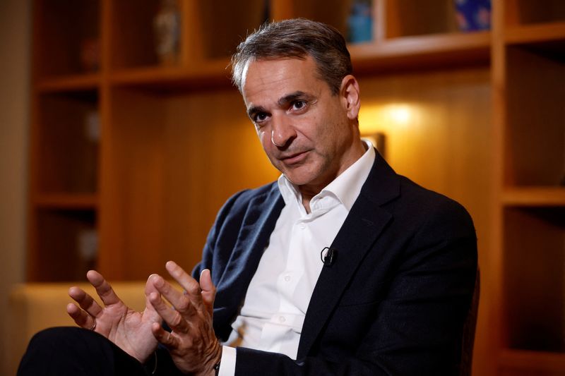 &copy; Reuters. Greek Prime Minister Kyriakos Mitsotakis speaks during an interview with Reuters in Heraklion on the island of Crete, Greece May 15, 2023. REUTERS/Louiza Vradi