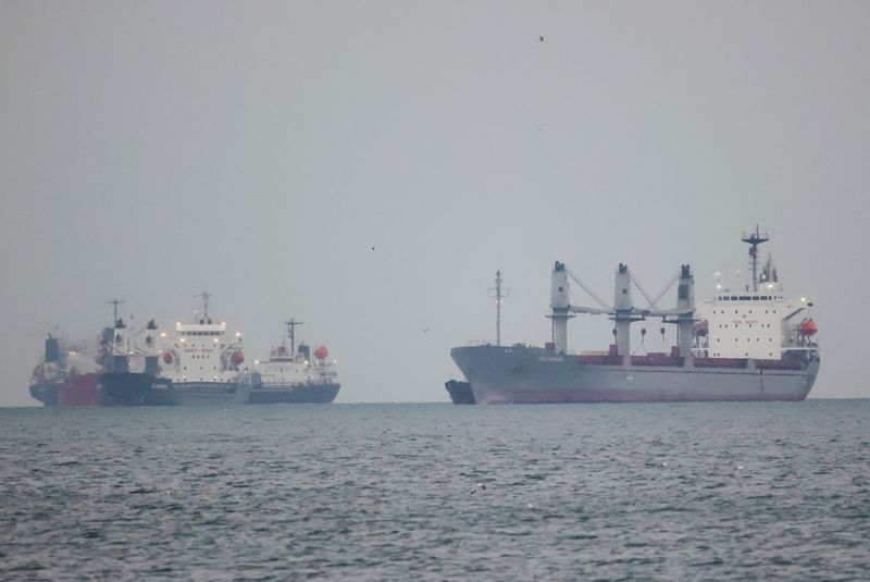 &copy; Reuters. FOTO DE ARCHIVO: Dos buques de transporte de grano bajo el acuerdo del mar Negro esperan para ser inspeccionados en el fondeadero sur de Estambul, Turquía, el 12 de mayo de 2023. REUTERS/Yoruk Isik