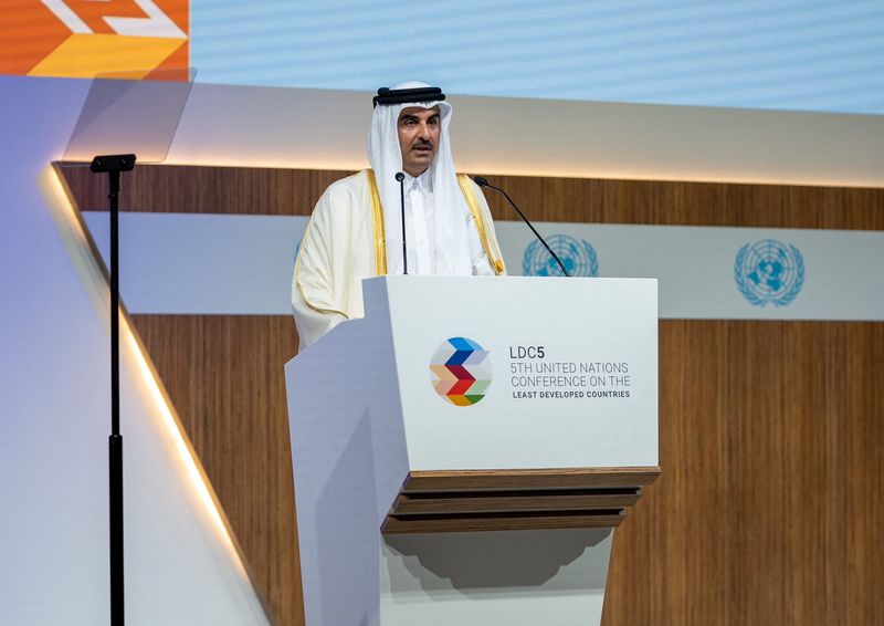 &copy; Reuters. أمير قطر الشيخ تميم بن حمد آل ثاني خلال مؤتمر للأمم المتحدة بالدوحة في الخامس من مارس آذار 2023. صورة لرويترز من الديوان الأميري القطري.