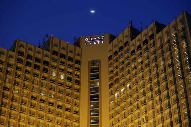 &copy; Reuters. The exterior of the Grand Hyatt hotel is pictured during the dusk, following the coronavirus disease (COVID-19) outbreak, in Jakarta, Indonesia, June 25, 2020. Picture taken June 25, 2020. REUTERS/Willy Kurniawan