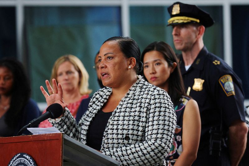 &copy; Reuters. FILE PHOTO: U.S. Attorney for Massachusetts Rachael Rollins, with Boston Mayor Michelle Wu and acting Boston Police Commissioner Gregory Long, speaks to reporters about the march through Boston by supporters of the white nationalist group Patriot Front du