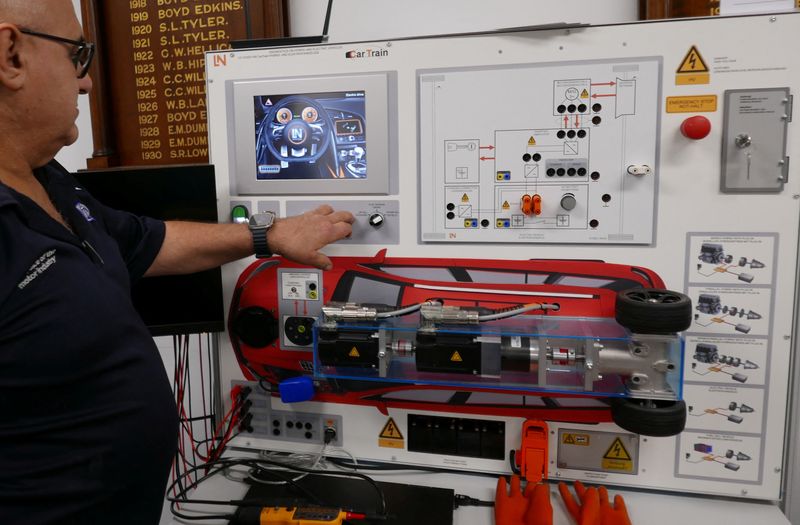 &copy; Reuters. Motor Trade Association NSW, Continuous Development Manager, Anthony Tomassetti, looks at an electric vehicle model used for up-skilling mechanics in Sydney, Australia, May 1, 2023. REUTERS/Jill Gralow