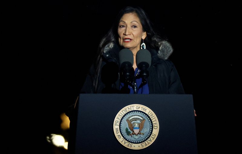 &copy; Reuters. FILE PHOTO: Deb Haaland, Secretary of the U.S. Department of the Interior, speaks during the National Christmas Tree lighting ceremony on the Ellipse below the White House in Washington, U.S. November 30, 2022. REUTERS/Jonathan Ernst/File Photo