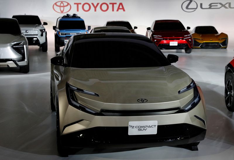 &copy; Reuters. FILE PHOTO: Toyota Motor Corporation's bZ Compact SUV is pictured after a briefing on the company's strategies on battery EVs in Tokyo, Japan, December 14, 2021. REUTERS/Kim Kyung-Hoon