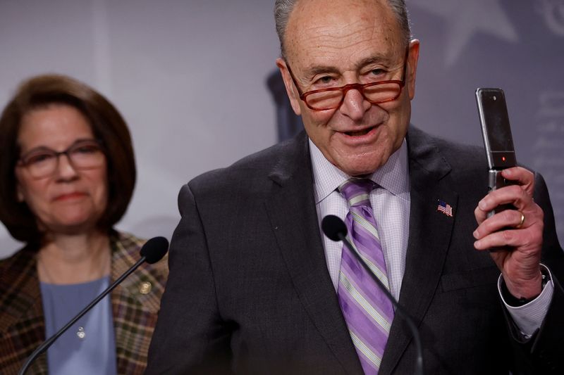 &copy; Reuters. U.S. Senate Majority Leader Chuck Schumer (D-NY), with Senator Catherine Cortez Masto (D-NV), holds a news conference on the looming debt ceiling issue at the U.S. Capitol in Washington, U.S. February 2, 2023.  REUTERS/Jonathan Ernst/File Photo