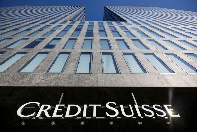 © Reuters. FILE PHOTO: The logo of Credit Suisse is pictured on a building near the Hallenstadion where took place the Annual General Meeting, two weeks after being bought by rival UBS in a government-brokered rescue, in Zurich, Switzerland, April 4, 2023. REUTERS/Pierre Albouy