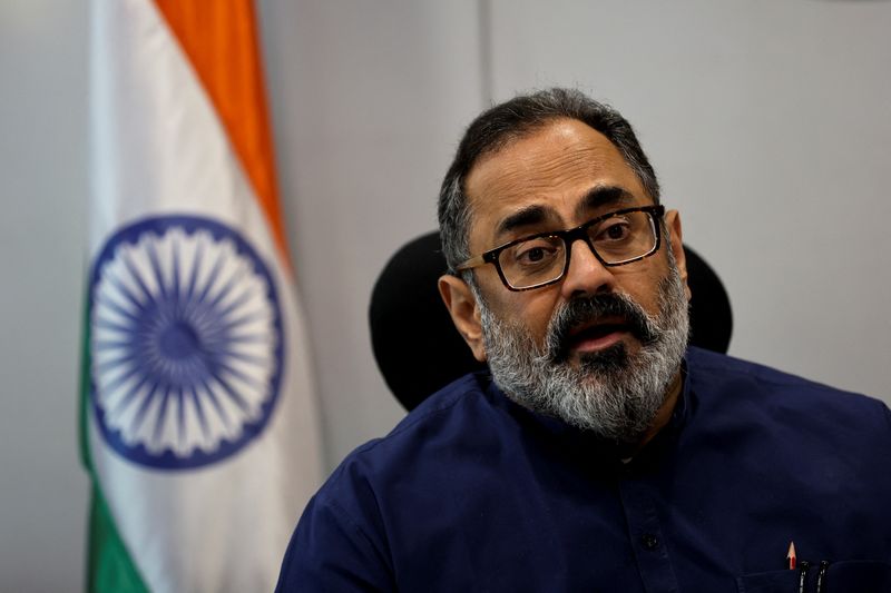 &copy; Reuters. Indian Deputy Minister for Information Technology, Rajeev Chandrasekhar, speaks during an interview with Reuters at his office in New Delhi, India, May 19, 2023. REUTERS/Anushree Fadnavis
