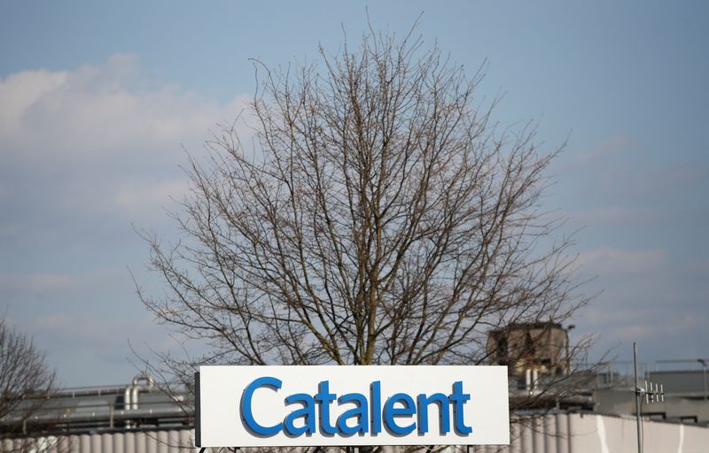&copy; Reuters. FILE PHOTO: The logo of the Catalent plant is seen outside their location where millions of doses of the AstraZeneca coronavirus disease (COVID-19) vaccine were reportedly found in Anagni, Italy, March 24, 2021. REUTERS/Yara Nardi