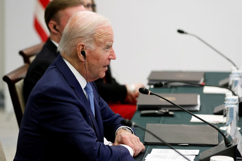 &copy; Reuters. FILE PHOTO: U.S. President Joe Biden speaks during a bilateral meeting with Fumio Kishida, Japan's prime minister, not pictured, ahead of the Group of Seven (G-7) leaders summit in Hiroshima, Japan, on Thursday, May 18, 2023.  Kiyoshi Ota/Pool via REUTERS