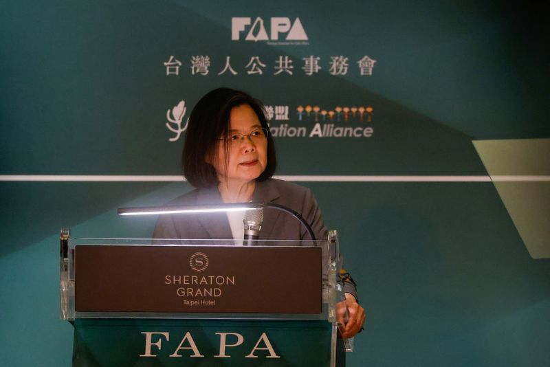 &copy; Reuters. FILE PHOTO-Taiwan's President Tsai Ing-wen makes a speech at the pro-Taiwan independence group Formosan Association for Public Affairs 40th anniversary gala in Taipei, Taiwan May 1, 2023. REUTERS/Ann Wang