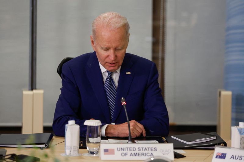 &copy; Reuters. U.S. President Joe Biden attends a Quad meeting on the sidelines of the G7 summit, at the Grand Prince Hotel in Hiroshima, Japan, May 20, 2023. REUTERS/Jonathan Ernst/Pool