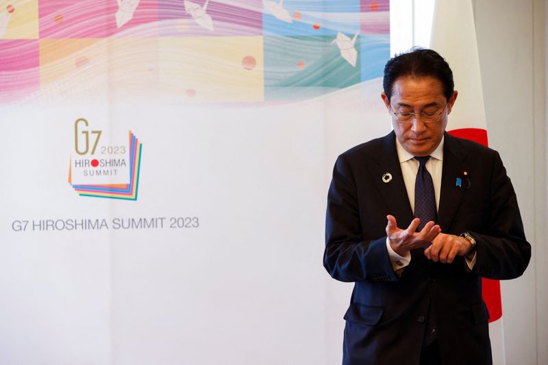 &copy; Reuters. Japan's Prime Minister Fumio Kishida attends a bilateral meeting held by U.N. Secretary General Antonio Guterres (not pictured), on the sideline of the G7 leaders' summit in Hiroshima, western Japan May 21, 2023. REUTERS/Androniki Christodoulou/Pool