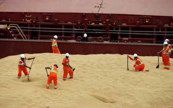 &copy; Reuters. FOTO DE ARCHIVO. Empleados que trabajan en el buque de carga Kypros Land que carga soja a China en la terminal de Tiplam en Santos, Brasil, el 13 de marzo de 2017. REUTERS/Paulo Whitaker