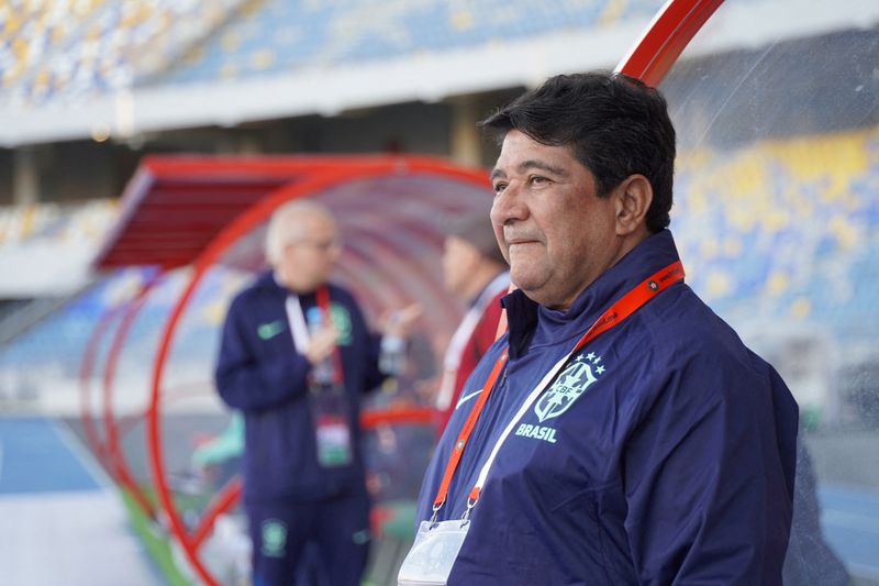 &copy; Reuters. O presidente da Federação Brasileira de Futebol (CBF), Ednaldo Rodrigues, participa do treinamento da seleção no estádio de Tânger, Marrocos
24/03/2023
REUTERS/Abdelhak Balhaki