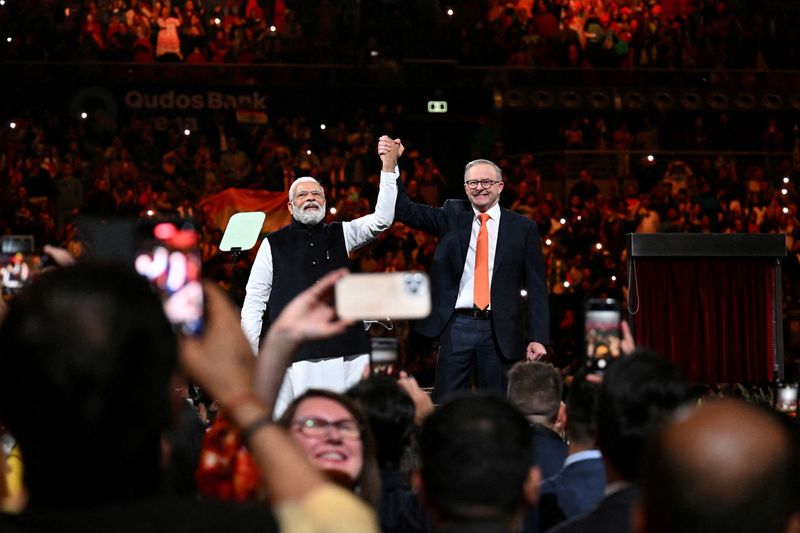 &copy; Reuters. India's Prime Minister Narendra Modi and Australia's Prime Minister Anthony Albanese attend a community event at Qudos Bank Arena in Sydney, Australia May 23, 2023. AAP Image/Dean Lewins via REUTERS