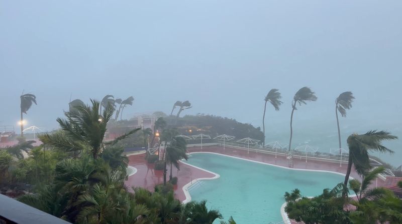 © Reuters. Trees sway due to strong winds from typhoon Mawar, in Tamuning, Guam, May 24, 2023, in this screen grab obtained from social media. M.F. Peoples/via REUTERS  
