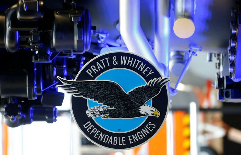 &copy; Reuters. The logo of Pratt & Whitney is seen in front of a F135-PW-100 fighter aircraft engine during a media presentation at the Swiss Air Force base in Emmen, Switzerland March 24, 2022. REUTERS/Arnd Wiegmann
