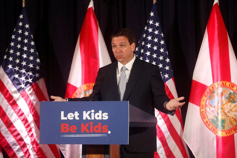 &copy; Reuters. Florida Governor Ron DeSantis speaks during a press conference before he signs five state house bills into law at Cambridge Christian School in Tampa, Florida, U.S. May 17, 2023.  REUTERS/Octavio Jones/File Photo