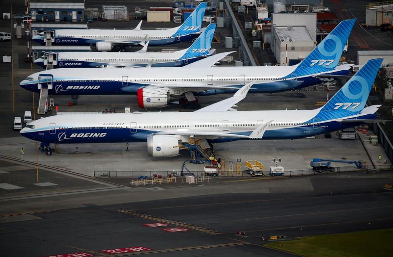 &copy; Reuters. FILE PHOTO: Boeing 777X and Boeing 737 MAX 10 airplanes are seen parked in an aerial view at King County International Airport-Boeing Field in Seattle, Washington, U.S, June 1, 2022.  REUTERS/Lindsey Wasson