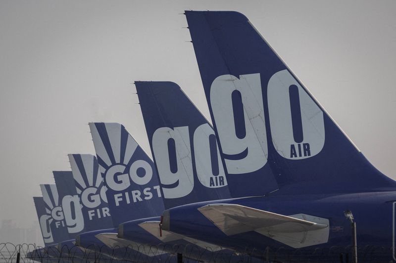 &copy; Reuters. FILE PHOTO: The tail fins of Go First airline, formerly known as GoAir, passenger aircrafts are seen parked on the tarmac at the airport in New Delhi, India, May 11, 2023. REUTERS/Adnan Abidi/File Photo