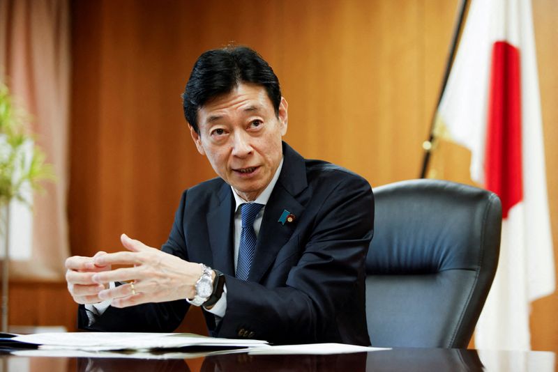 &copy; Reuters. FILE PHOTO: Nishimura Yasutoshi, Minister of Economy, Trade and Industry (METI), talks during an interview with Reuters in Tokyo, Japan, April 5, 2023. REUTERS/Androniki Christodoulou/File Photo