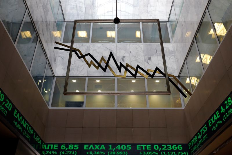 &copy; Reuters. FILE PHOTO-A stock ticker shows stock options at the lobby of the Athens stock exchange building in Athens, Greece, August 20, 2018. REUTERS/Alkis Konstantinidis