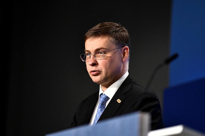 &copy; Reuters. FILE PHOTO: European Commission Executive Vice President Valdis Dombrovskis speaks during a news conference on the day of a meeting of EU trade ministers in Stockholm March 10, 2023. Caisa Rasmussen/TT News Agency/via REUTERS