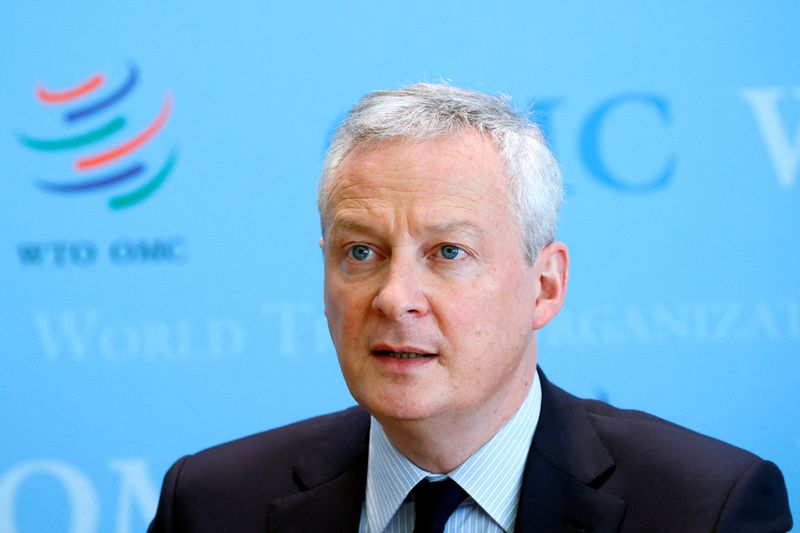 &copy; Reuters. FILE PHOTO: French Finance Minister Bruno Le Maire speaks at a joint news conference after his meeting with World Trade Organisation (WTO) Director-General Ngozi Okonjo-Iweala at WTO headquarters in Geneva, Switzerland, April 1, 2021. REUTERS/Denis Balibo