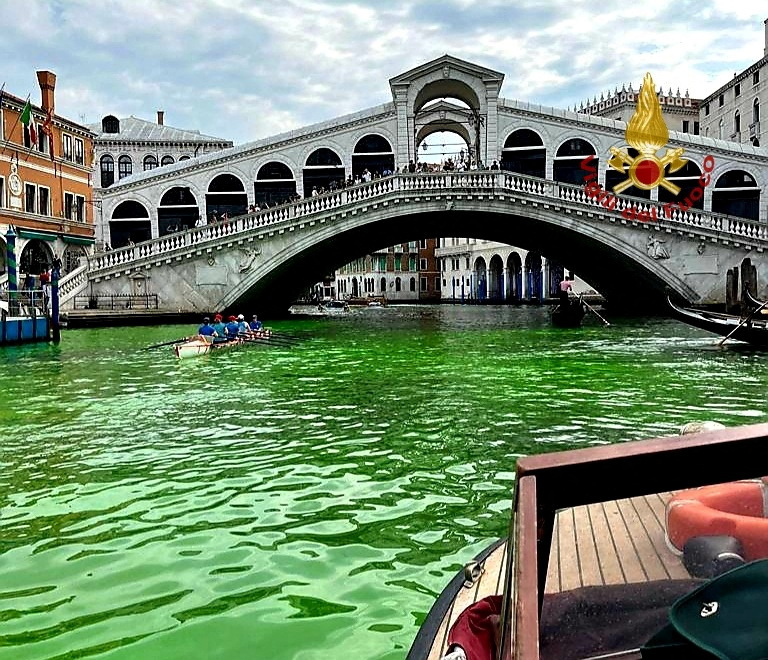 L'eau du Grand canal de Venise devenue vert fluorescent près du pont du Rialto