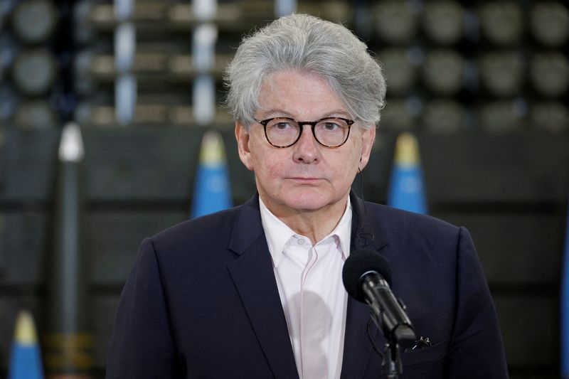 &copy; Reuters. FILE PHOTO: EU Commissioner for Internal Market Thierry Breton looks on during a news conference after a visit in an ammunition factory in Nowa Deba, Poland, March 27, 2023. Patryk Ogorzalek/Agencja Wyborcza.pl via REUTERS 