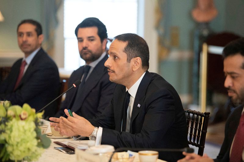 &copy; Reuters. FILE PHOTO: Qatar's then deputy prime minister and foreign minister, Mohammed bin Abdulrahman Al Thani, speaks during a meeting with U.S. Secretary of State Antony Blinken, in Washington, U.S. February 10, 2023. Kevin Wolf/Pool via REUTERS