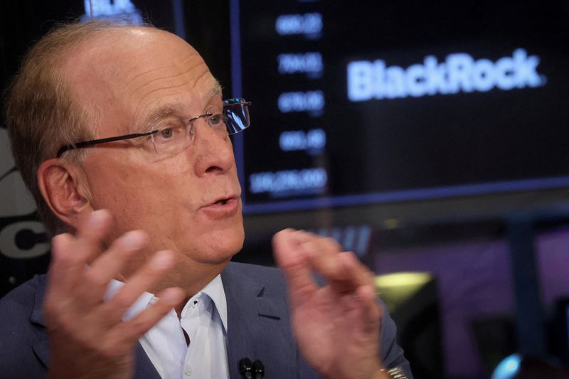 © Reuters. FILE PHOTO: Larry Fink, chairman and CEO of BlackRock, speaks during an interview with CNBC on the floor of the New York Stock Exchange (NYSE) in New York City, U.S., April 14, 2023.  REUTERS/Brendan McDermid/File Photo