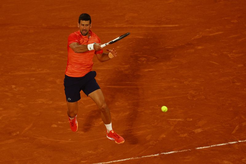 &copy; Reuters. Tennis - French Open - Roland Garros, Paris, France - May 31, 2023  Serbia's Novak Djokovic in action during his second round match against Hungary's Marton Fucsovics REUTERS/Kai Pfaffenbach