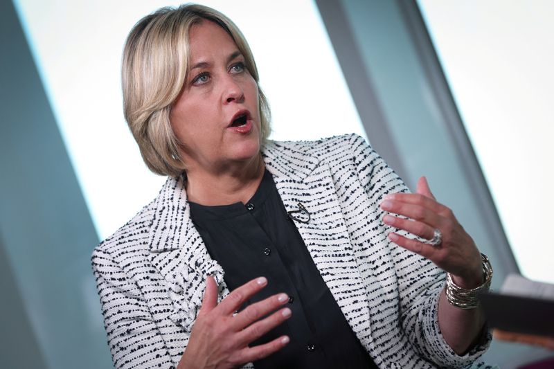 © Reuters. Holly O’Neill, President of Retail Banking at Bank of America speaks during a Newsmaker interview with Reuters in New York City, New York, U.S., May 31, 2023. REUTERS/Mike Segar