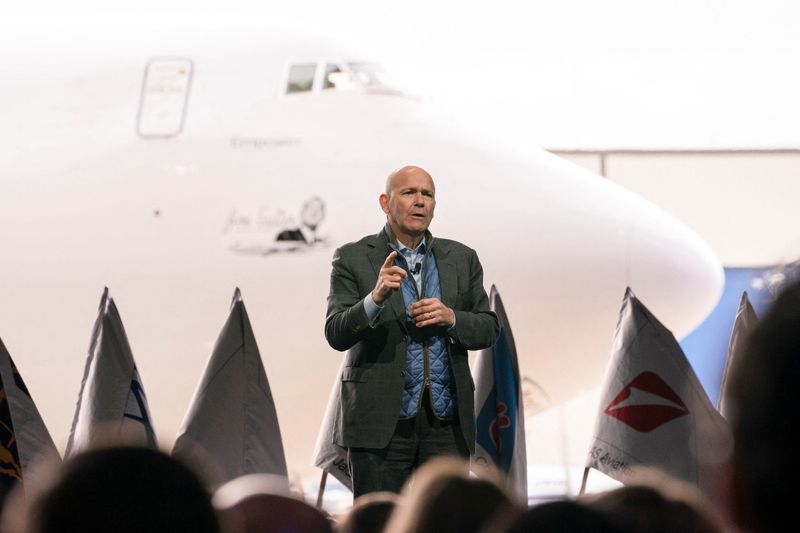 &copy; Reuters. FILE PHOTO: Dave Calhoun, CEO of Boeing, speaks on stage during the delivery of the final 747 jet at their plant in Everett, Washington, U.S. January 31, 2023.  REUTERS/David Ryder