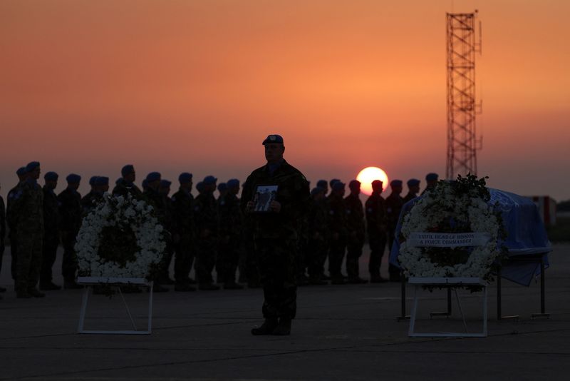 &copy; Reuters. FILE PHOTO: Members of the United Nations Interim Force in Lebanon (UNIFIL) peacekeeping mission attend the repatriation ceremony for Irish soldier Sean Rooney who was killed on a U.N. peacekeeping patrol, at Beirut International Airport, in Beirut, Leban