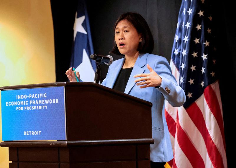 &copy; Reuters. FILE PHOTO: U.S. Trade Representative Katherine Tai addresses the media during the Indo-Pacific Economic Framework meeting in Detroit, Michigan U.S. May 27, 2023. REUTERS/Rebecca Cook/