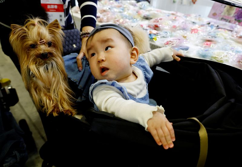 &copy; Reuters. Une petite fille de 9 mois et un chien de compagnie de 11 ans sont assis dans une poussette pendant que la mère du bébé visite Interpets, un salon international des produits et services liés aux animaux de compagnie, à Tokyo, au Japon. /Photo prise l