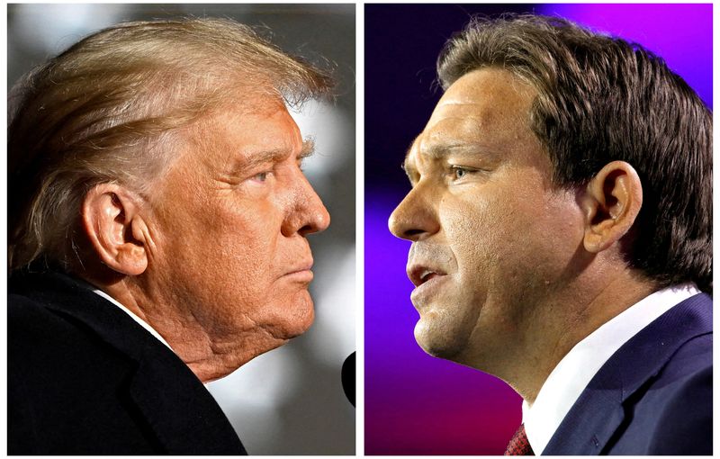 &copy; Reuters. Donald Trump e Ron DeSantis durante discuros antes das eleições de meio de mandato em 2022
07/11/2022; 08/11/2022
REUTERS/Gaelen Morse; REUTERS/Marco Bello