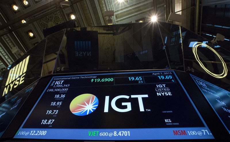 &copy; Reuters. FILE PHOTO: A screen displays the ticker symbol for International Game Technology PLC, (IGT) at the post where it is traded following it's launch on the floor of the New York Stock Exchange April 7, 2015.  REUTERS/Brendan McDermid