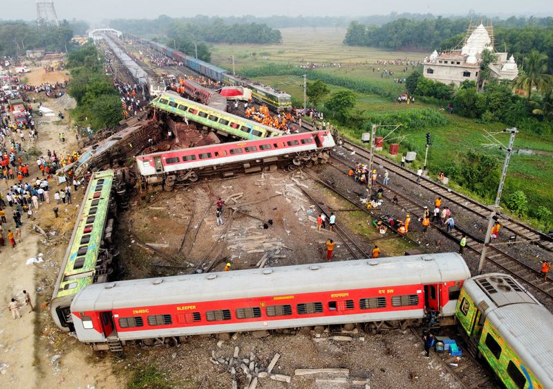 &copy; Reuters. A drone view shows derailed coaches after two passenger trains collided in Balasore district in the eastern state of Odisha, India, June 3, 2023. REUTERS/Stringer NO RESALES. NO ARCHIVES.    