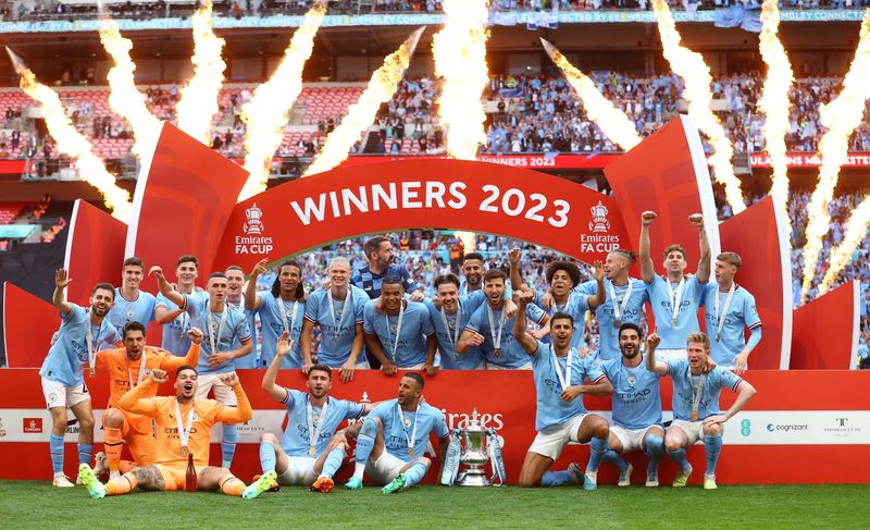 &copy; Reuters. Jogadores do Manchester City comemoram o título da FA Cup
03/06/2023
REUTERS/Carl Recine