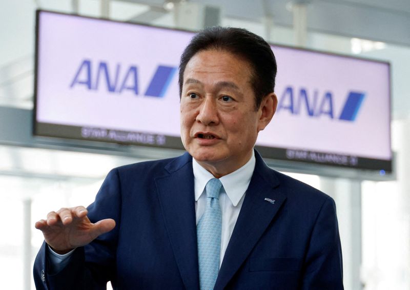 &copy; Reuters. FILE PHOTO: All Nippon Airways (ANA) President and CEO Shinichi Inoue speaks to media at Haneda Airport in Tokyo, Japan April 29, 2023. REUTERS/Issei Kato/File Photo