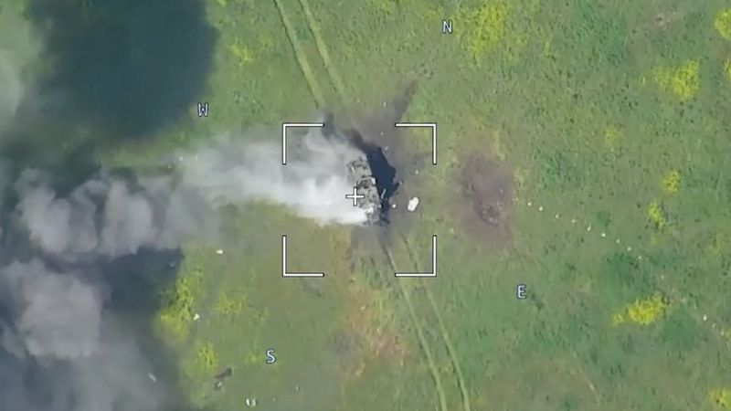 &copy; Reuters. Drone footage shows a burning armoured vehicle in an unidentified location after the Defence Ministry in Moscow said that Russian forces have thwarted a major Ukrainian offensive in the southern Ukrainian region of Donetsk, in this still image taken from 