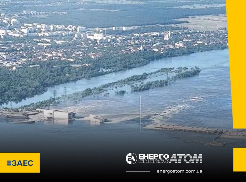 &copy; Reuters. Una imagen de la presa de Nova Kajovka, dañada durante la invasión rusa de Ucrania, en la región de Jersón, Ucrania, el 6 de junio de 2023. Servicio de prensa de la empresa nacional de energía nuclear ucraniana Energoatom/Facilitada a través de REUT