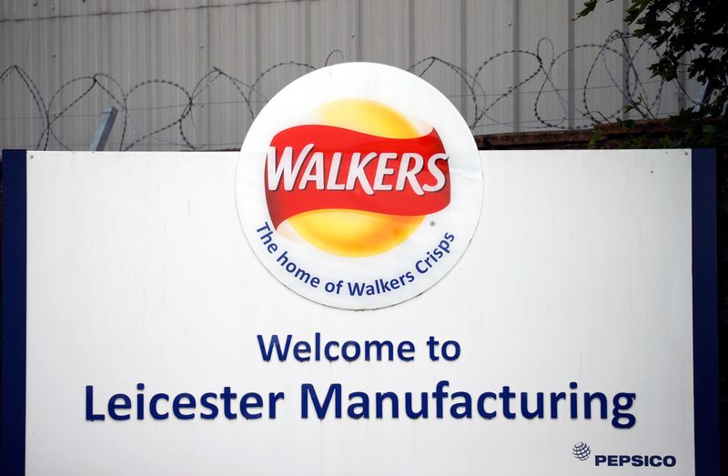 © Reuters. FILE PHOTO: A view shows a hoarding of the Walkers crisps factory in Leicester, Britain, July 1, 2020. REUTERS/Phil Noble/File Photo