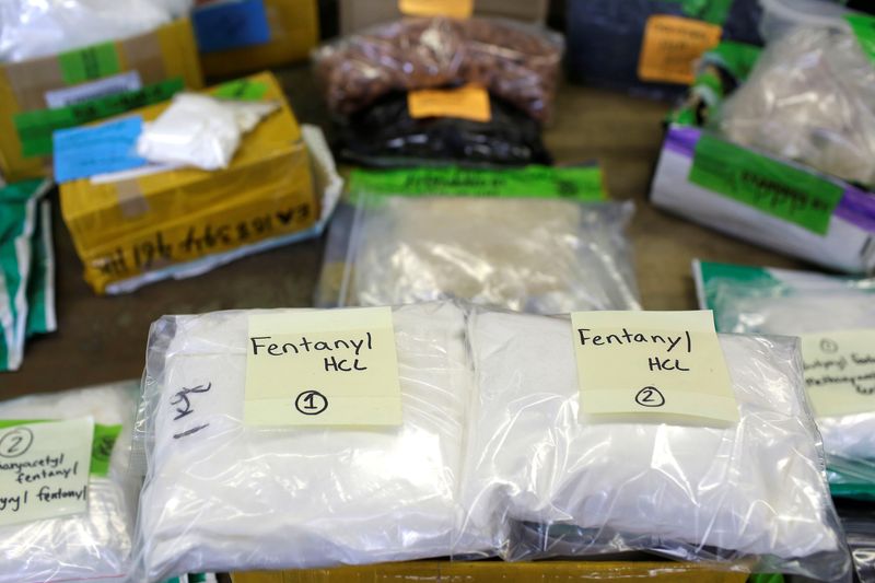 &copy; Reuters. FILE PHOTO: Plastic bags of Fentanyl are displayed on a table at the U.S. Customs and Border Protection area at the International Mail Facility at O'Hare International Airport in Chicago, Illinois, U.S. November 29, 2017. REUTERS/Joshua Lott
